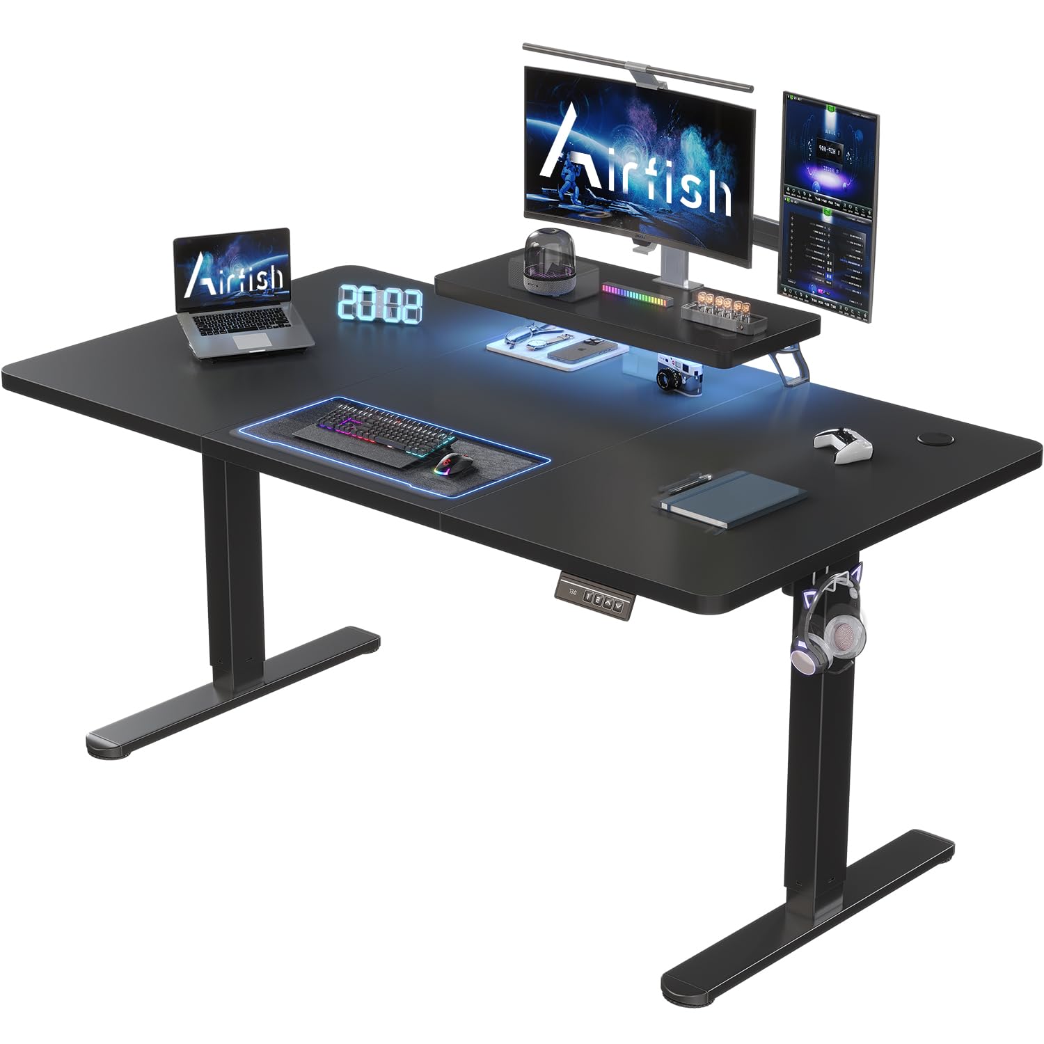 Airfish Höhenverstellbarer Schreibtisch 160 x 70cm mit Monitorständer | Schreibtisch Elektrisch mit LED Beleuchtung,Computertisch für Home Office und Gaming,Schwarz
