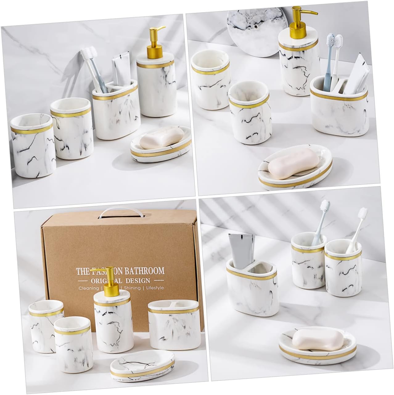 Alipis 5 Pcs Imitation Marble Bathroom Accessory Set with Lotion Dispenser and Brushing Cups Non Slip Base Smooth Surface Decorative Resin Bath Supplies Organizer