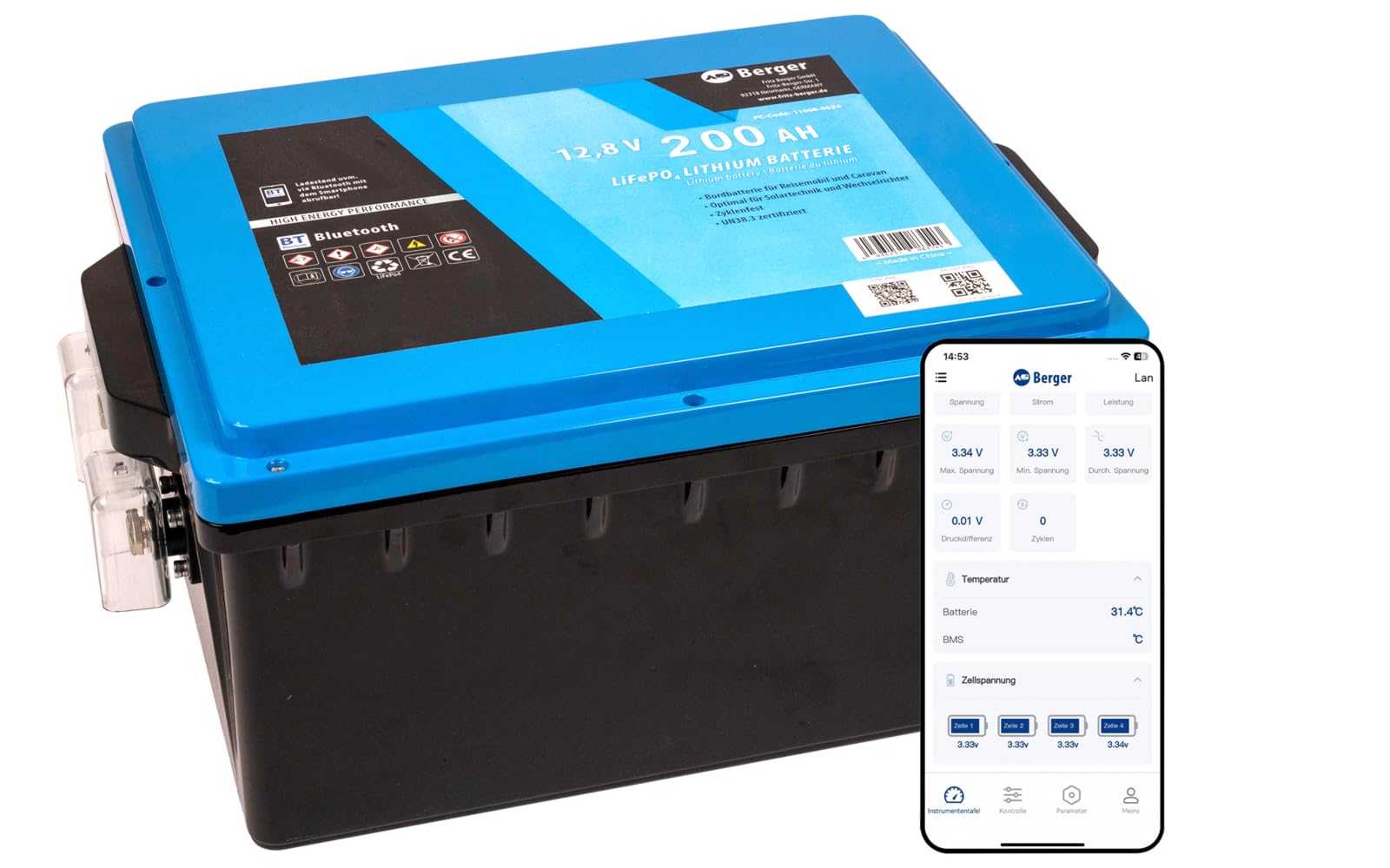 BERGER LiFePO4 Batterie au lithium 200 Ah 12 V avec Bluetooth et chauffage | Batterie au lithium idéale pour camping-car, caravane, camping-car et bateau | Alimentation autonome et performance fiable