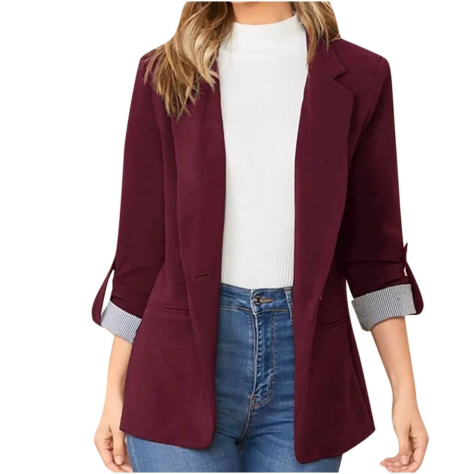 2022 Trendy Blazer Tops for Womens One Button Casual Business Blazer Jackets Womens Lapel Solid Blazers with Pockets