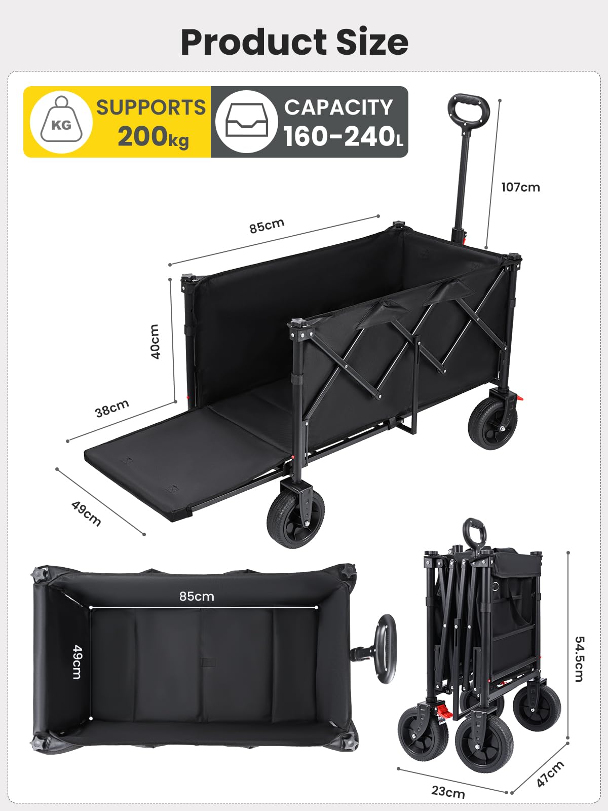 YEAUPE PRO Carrello Spiaggia, Carrello Pieghevole con Ruote – Doppi freni ant., ruote grandi, manico reg., post. aprib. oggetti lunghi – per campeggio/spiaggia, 160-240L, Nero Lucido