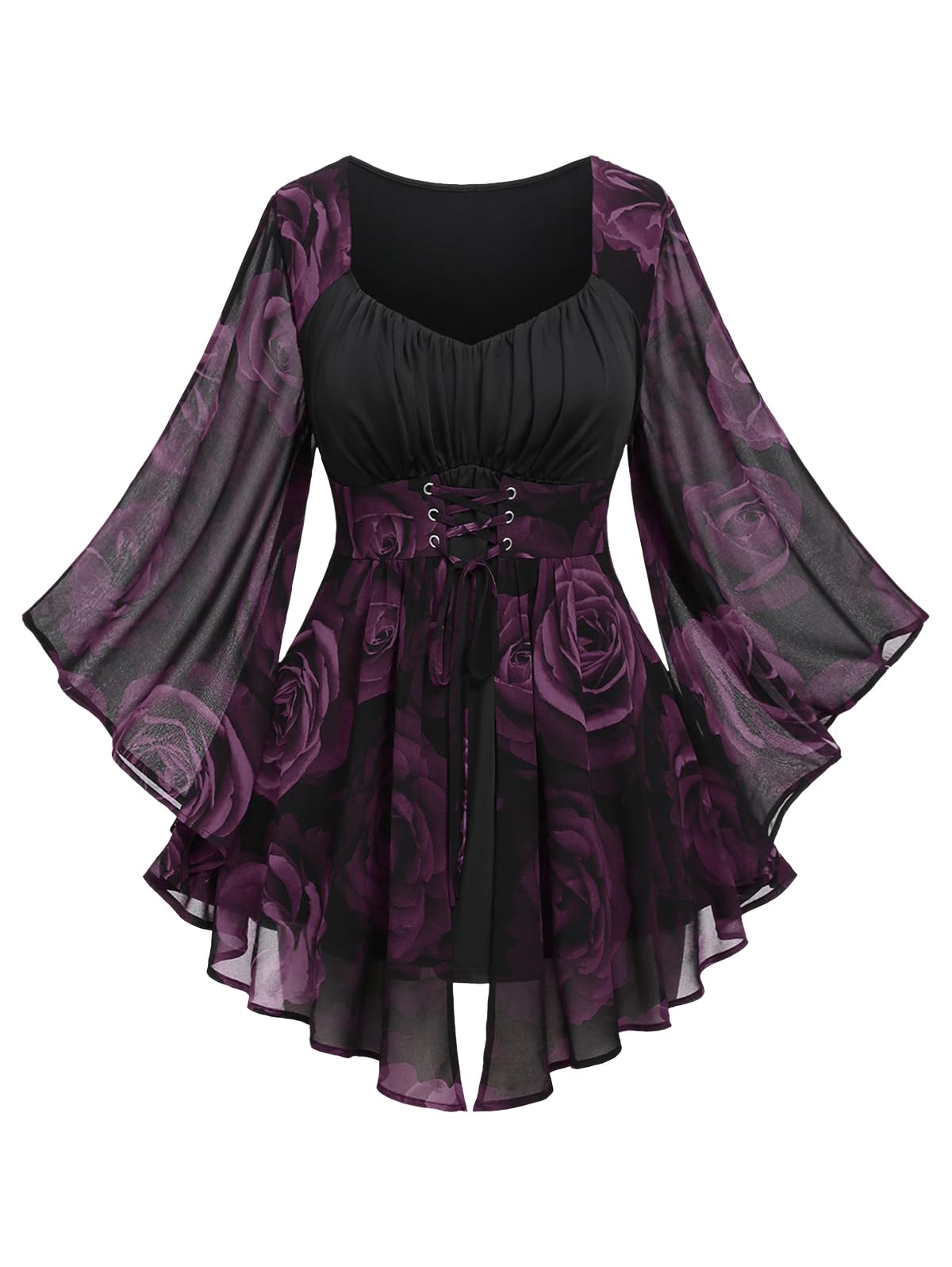 ROSE GAL Women Plus Size Romantic Gothic Lace-up Bell Sleeves Tee Flare Sleeves Renaissance Top Goth Costume Top