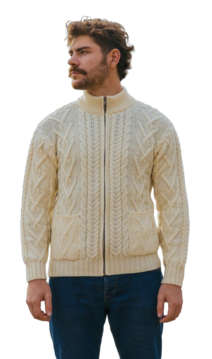 100% Merino Wool Men's Zipper Cable Knit Winter Warm Cardigan Sweater with Pockets in Charcoal/Army Green-image-43