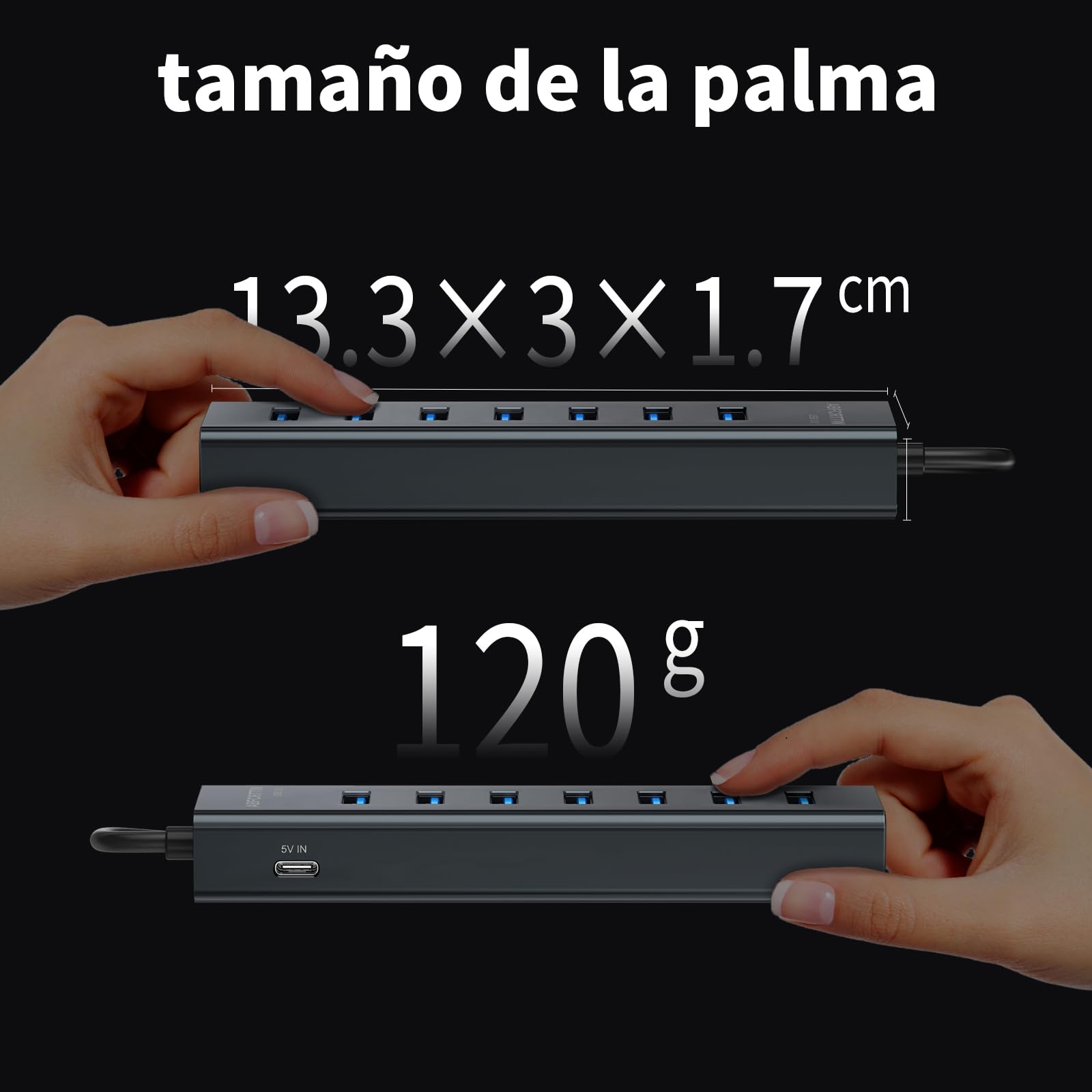 7 Puertos Hub USB 3.0 con 120cm Cable para PC Computadora, Aluminio USB Hub Adaptador multipuerto con USB 3.0 5Gbps, 5V 3A USB-C Alimentado para PC, Laptop, MacBook, Mouse, Teclado, U-Disk etc.