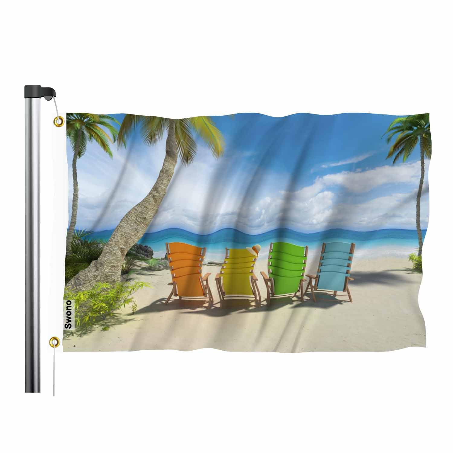 Swono Summer Beach Flag Colorful Chairs Palm Tree Sunny Sand Stone Cloud Outdoor Garden Flag Indoor Flag Home Decor Standing Farm Flag Banner 3x5ft