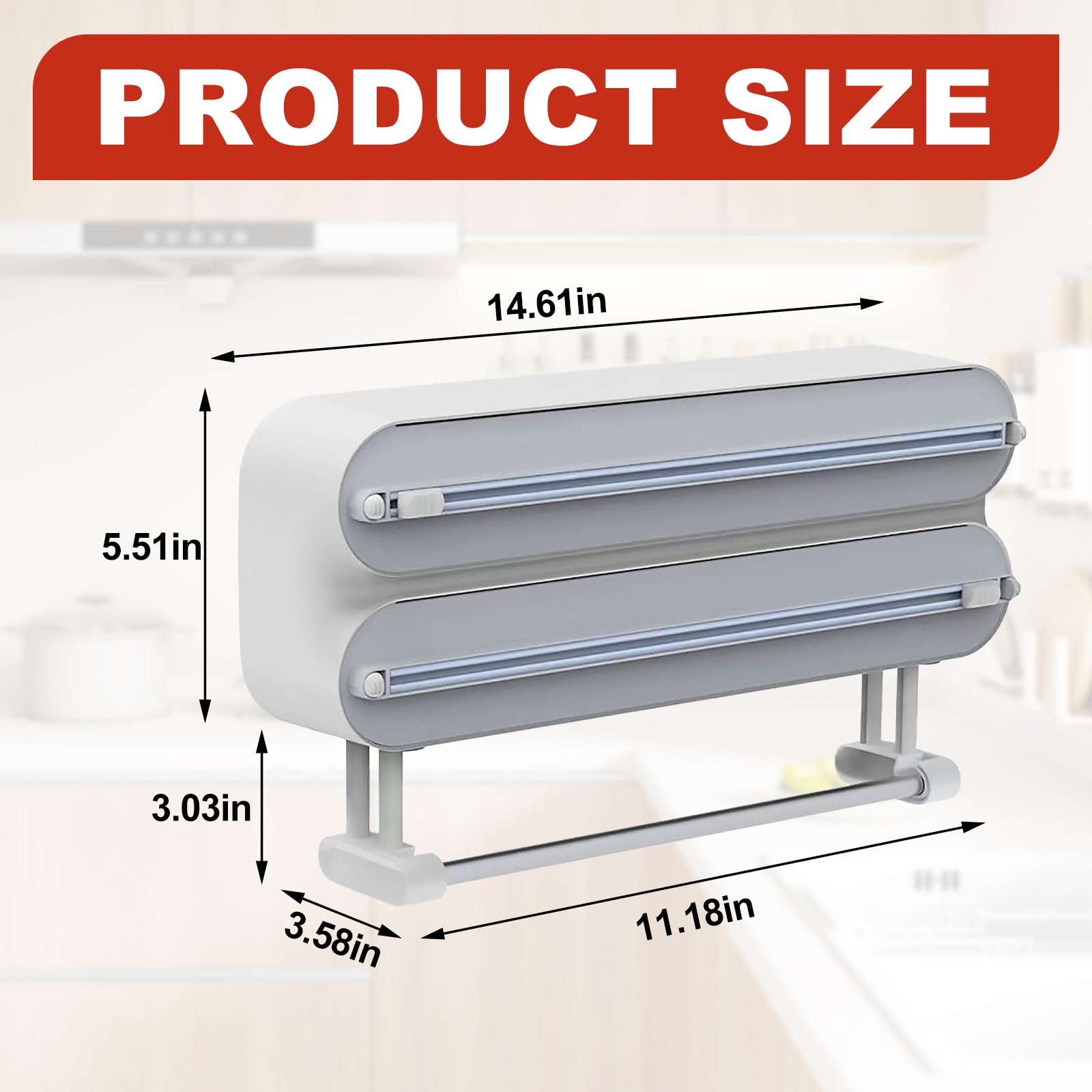 Organizador 3 en 1 con cortador, incluye 2 rollos de papel de plástico y dispensador de papel de aluminio, soporte magnético para toallas de papel para nevera, solución de almacenamiento de papel de