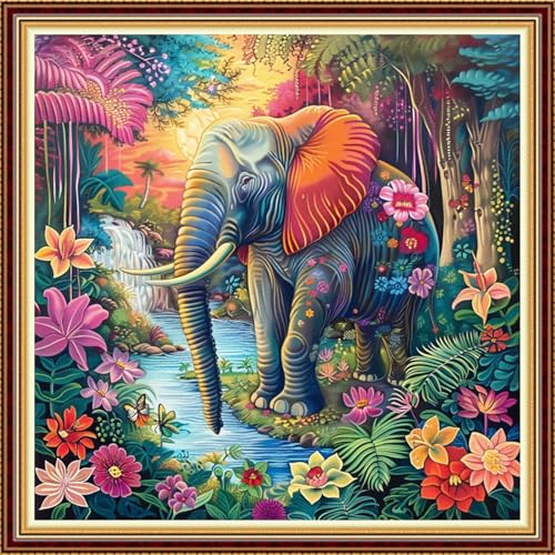 Image of Fanxvivy Stamped Counted Cross Stitch Kits for Adults Printed Cross-Stitch Patterns 11CT Stamped or Counted Cross Stitching Embroidery Kit Needlepoint Kits-Jungle Elephant 18x18 inch