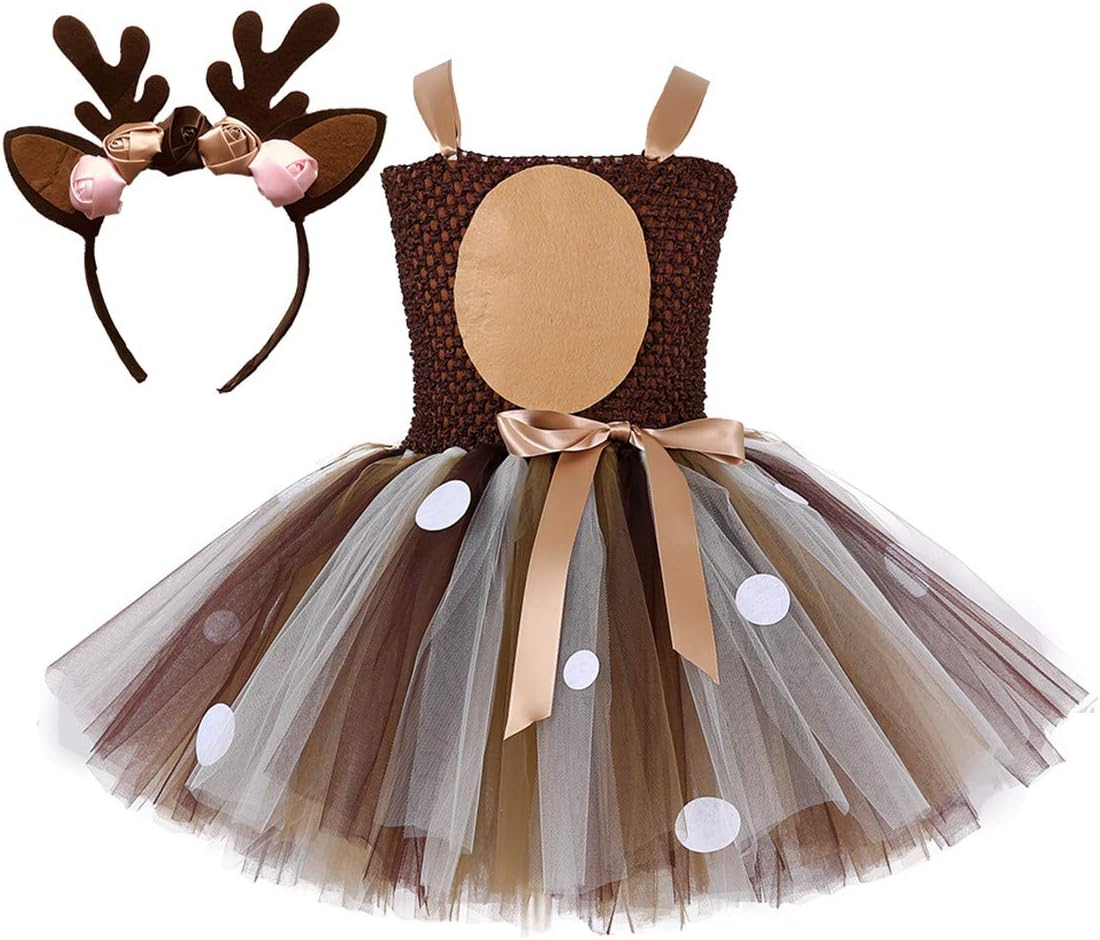 Colorfog Girls Kids Princess Christmas Deer Costume Dress Halloween Party Cosplay Fancy Dress (Xmas Deer,Large)