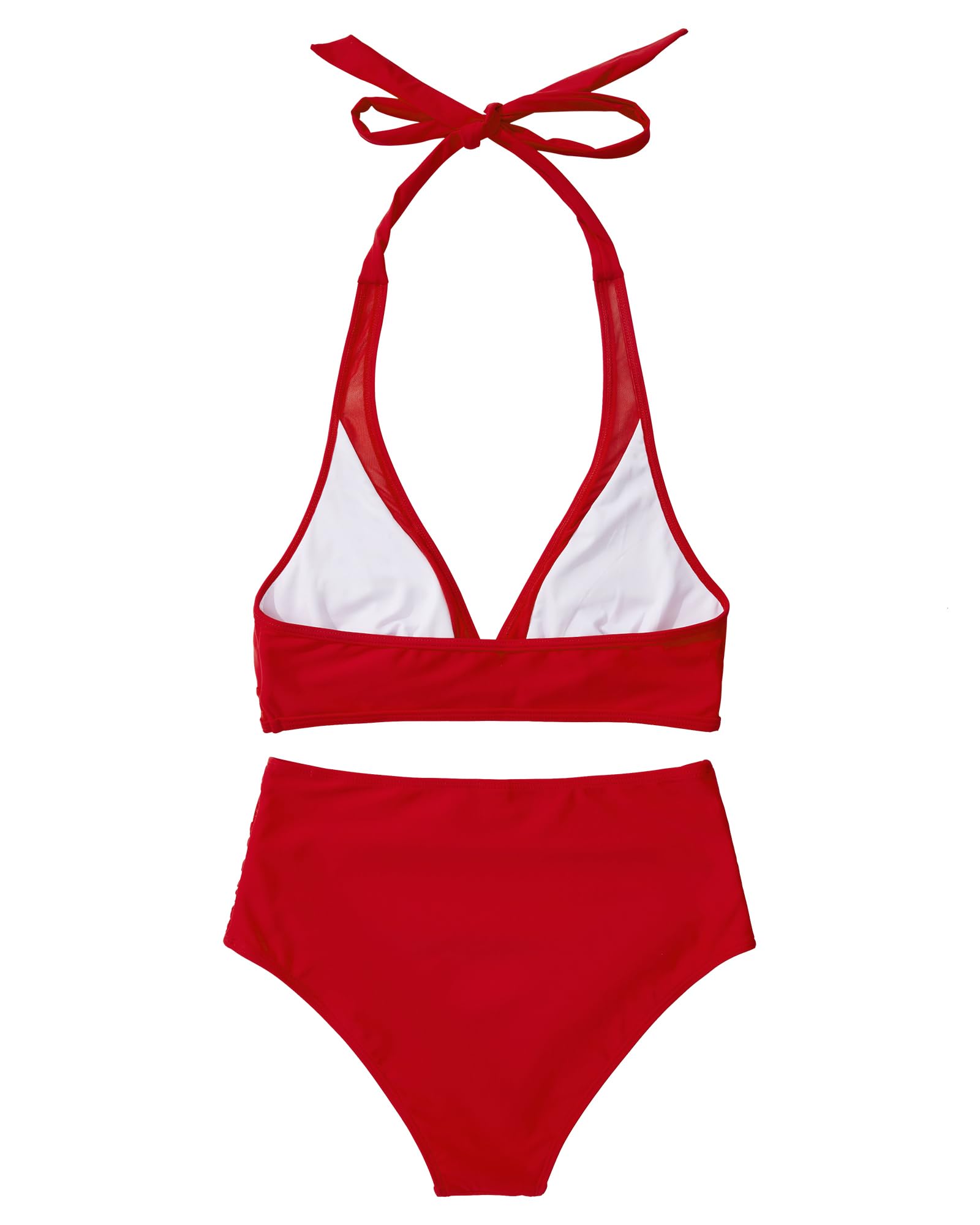 RXRXCOCO Conjunto de bikini de malla para mujer, espalda descubierta, cintura alta, push up, sexy, cuello en V, traje de baño de dos piezas, rojo, L