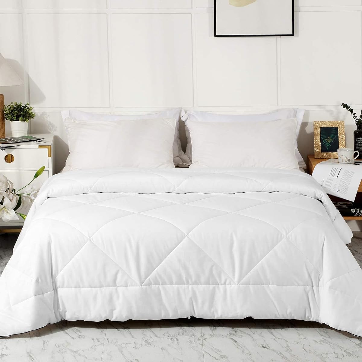 2026 Premium Upgraded Non-Vacuum Bed Quilt All Seasons 100% Cotton Filled Comforter - Reversible Lightweight Soft Breathable Fluffy (Pure White, King)