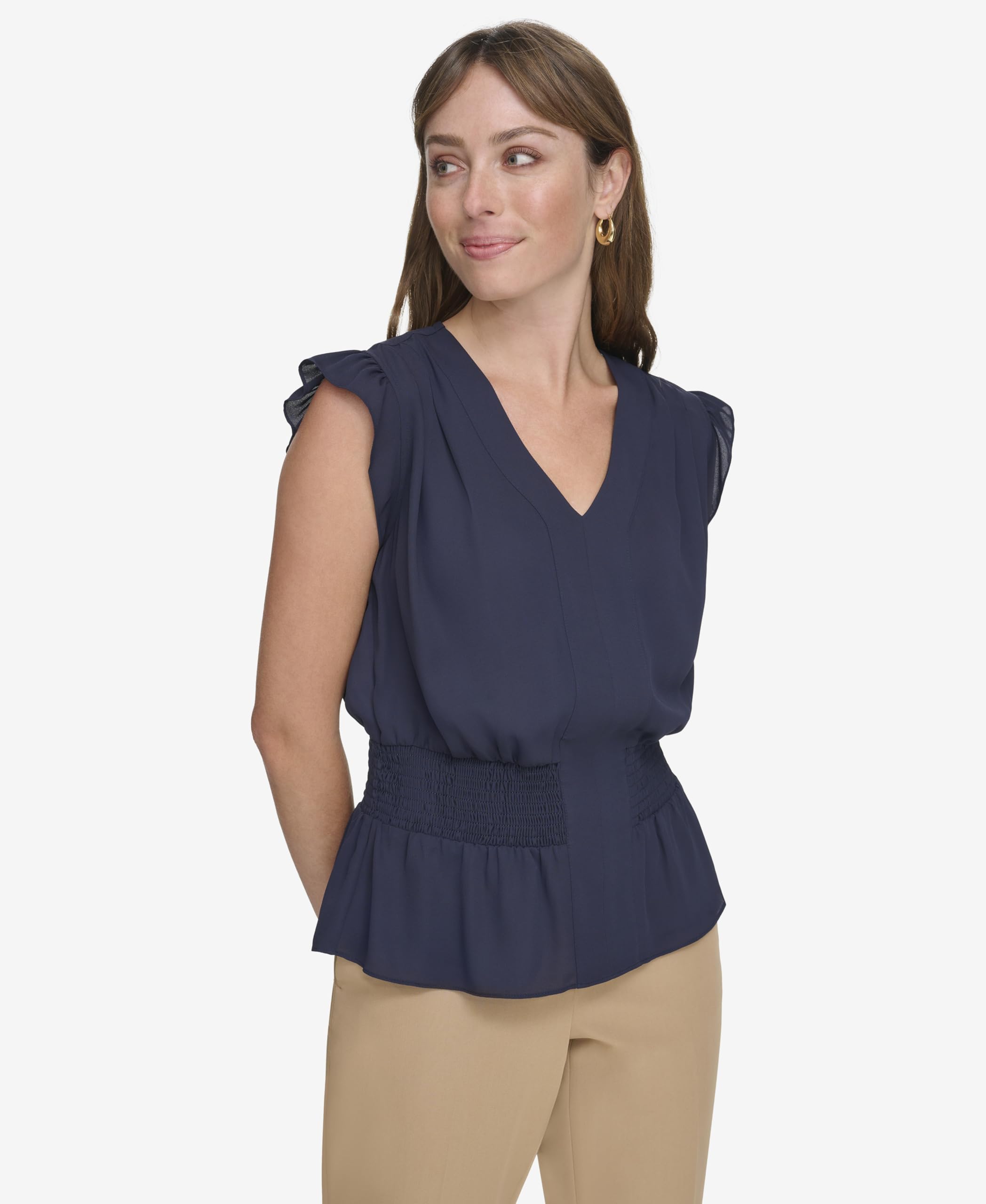 Tommy Hilfiger Damen Cap Sleeve Smocked Shirt Gesmoktes Hemd mit Flügelärmeln (1er Pack)