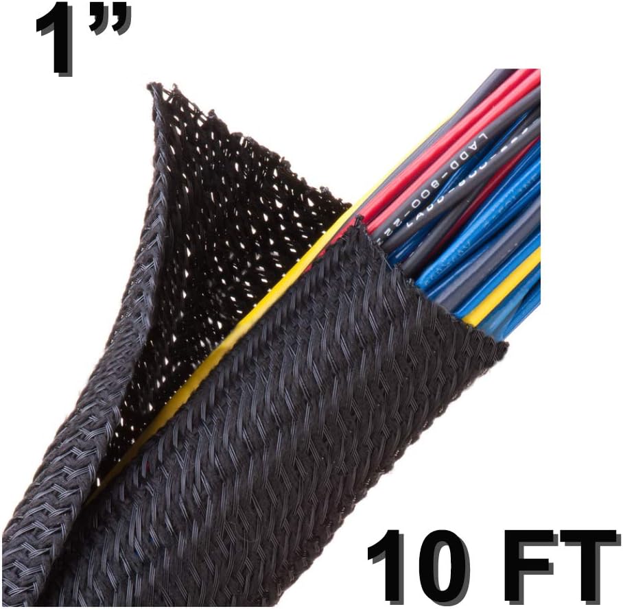 Electriduct F6 Flame Retardant Braided Wrap Around Sleeving Cable Mesh - 1 inch Diameter - 10 Feet | Black with White Tracer