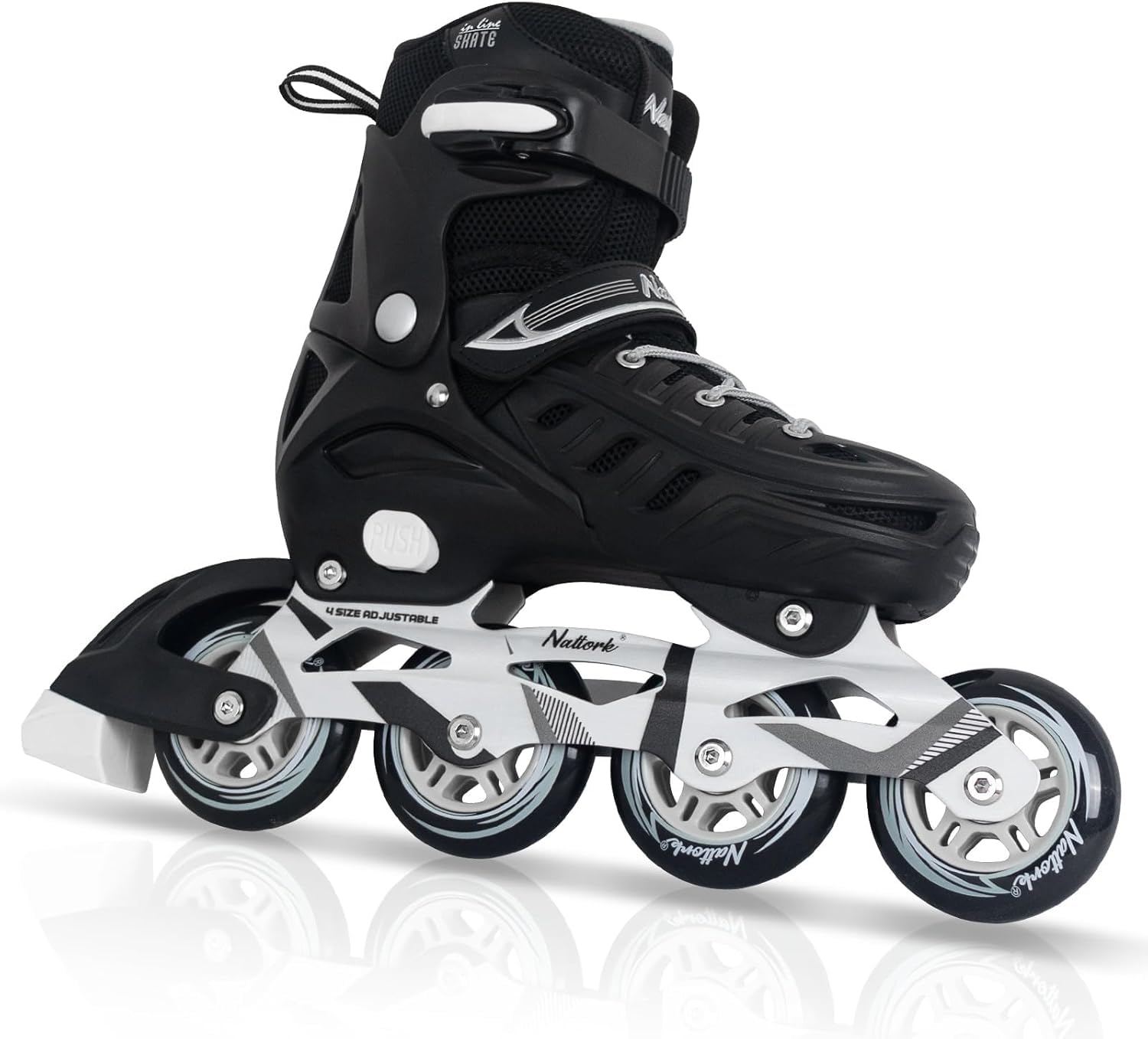 Photo 1 of Black Inline Skates for Youth Boys Men, 4 Sizes Adjustable Blades Roller Skates with Ankle Support, Adjustable Strap, 84mm Wheels and Soft Boot Fit for Skating, Roller Derby, Street Hockey