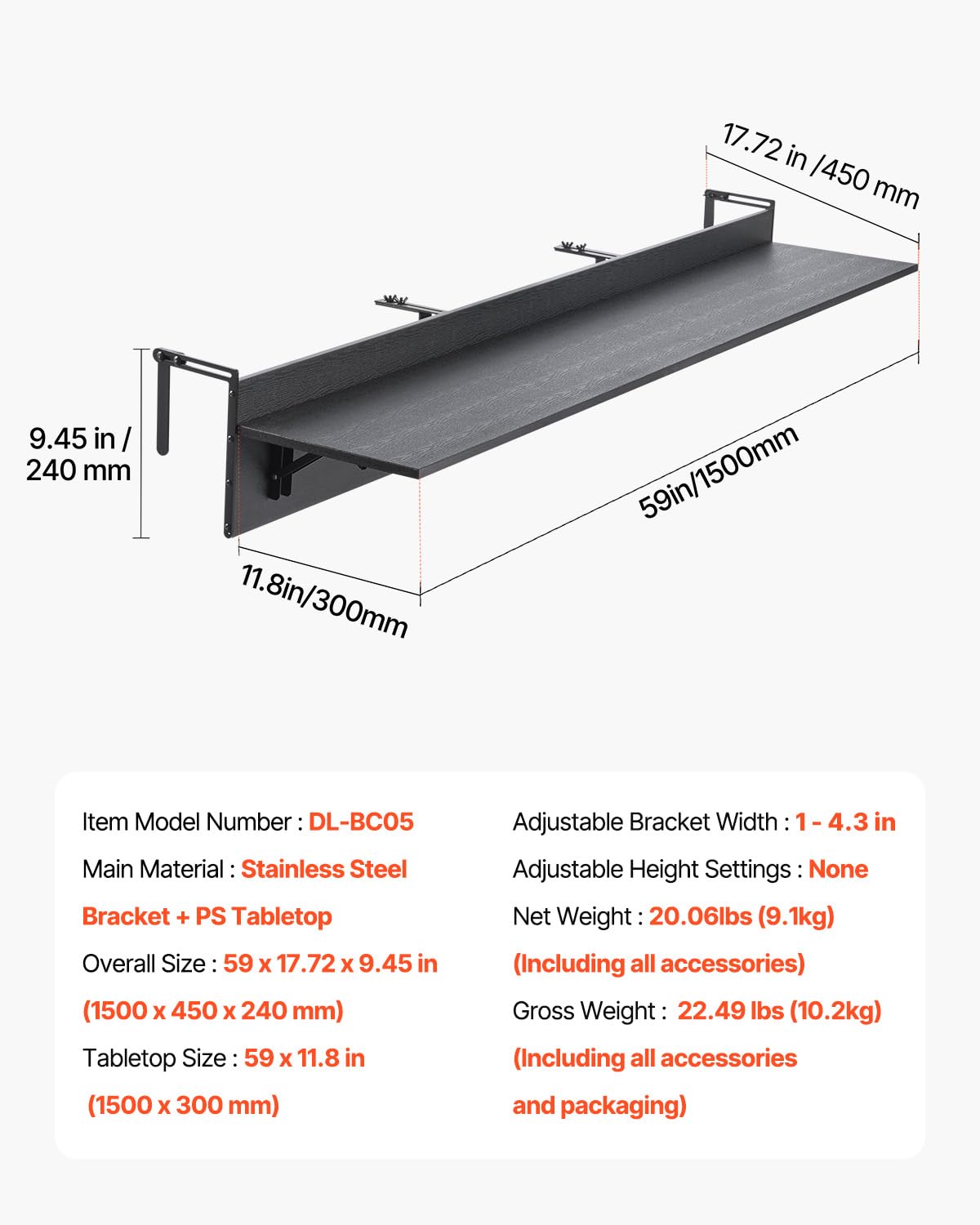 VEVOR Tavolo Sospeso Pieghevole in Metallo per Ringhiera del Balcone da 1500 x 450 x 240 mm, Tavolo da Bar all'Aperto per Ringhiere, per Ringhiere e Patio e Terrazza Staffa in Acciaio Inox