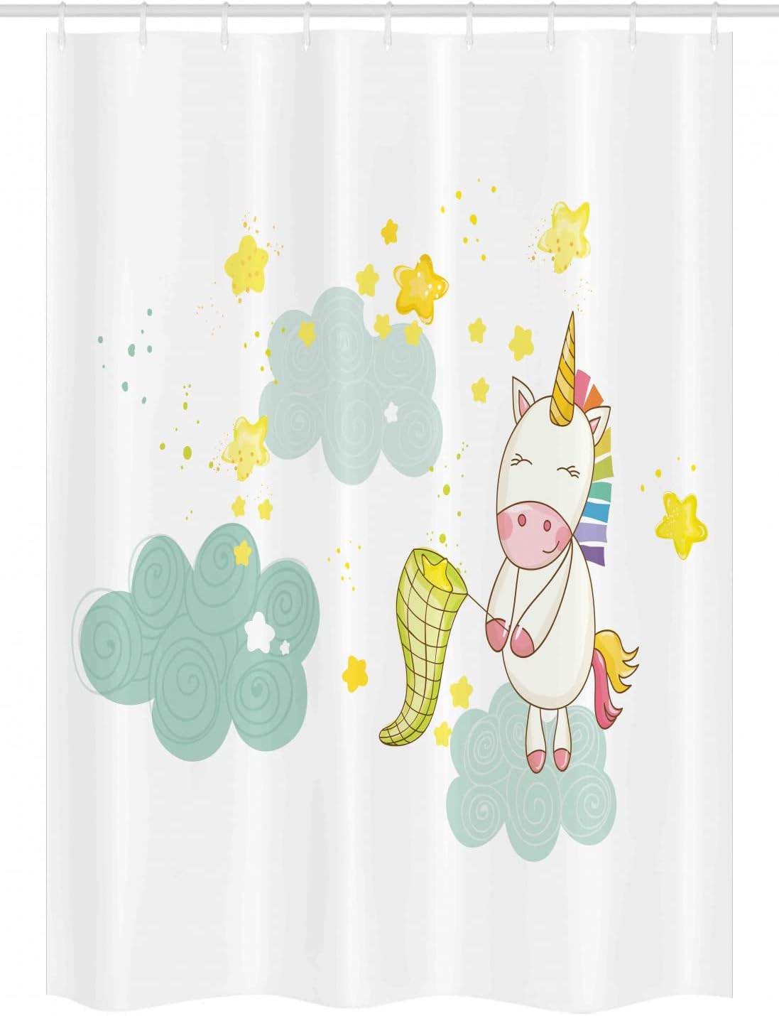 Ambesonne Unicorn Stall Shower Curtain, Mystic Unicorn Girl Sitting on Fluffy Clouds and Hunting Image Print, Fabric Bathroom Decor Set with Hooks, 54" W x 78" L, Yellow Green