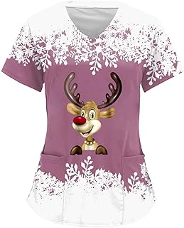 Generic Christmas Scrubs Top Women Short Sleeve V-Neck Work 