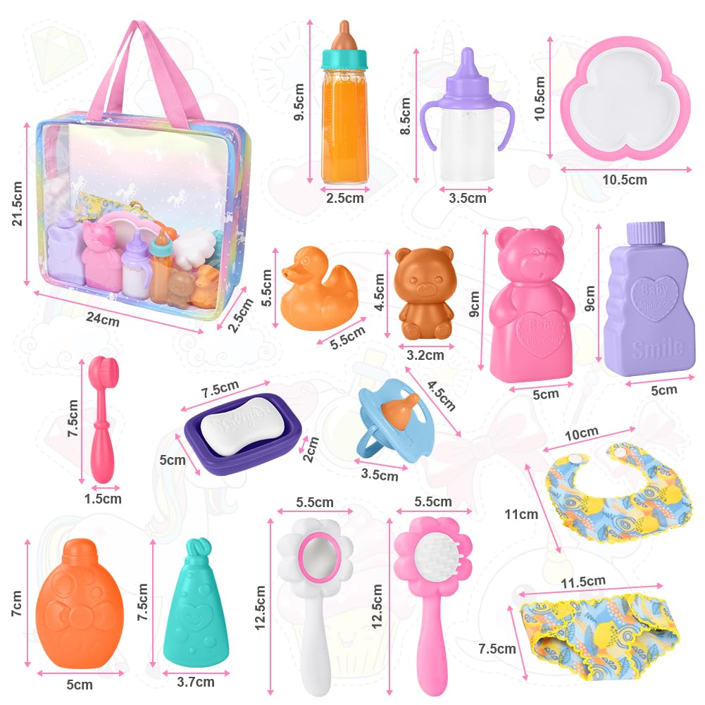 Aolso 18PZ Accessori per Bambole, Biberon Magico per Bambini e Ciucci, Set di Piatti e Posate per Bambole, Set Accessori Bagno per Bambola, dal Momento della Pappa a Quello del Bagnetto, Idee Regalo