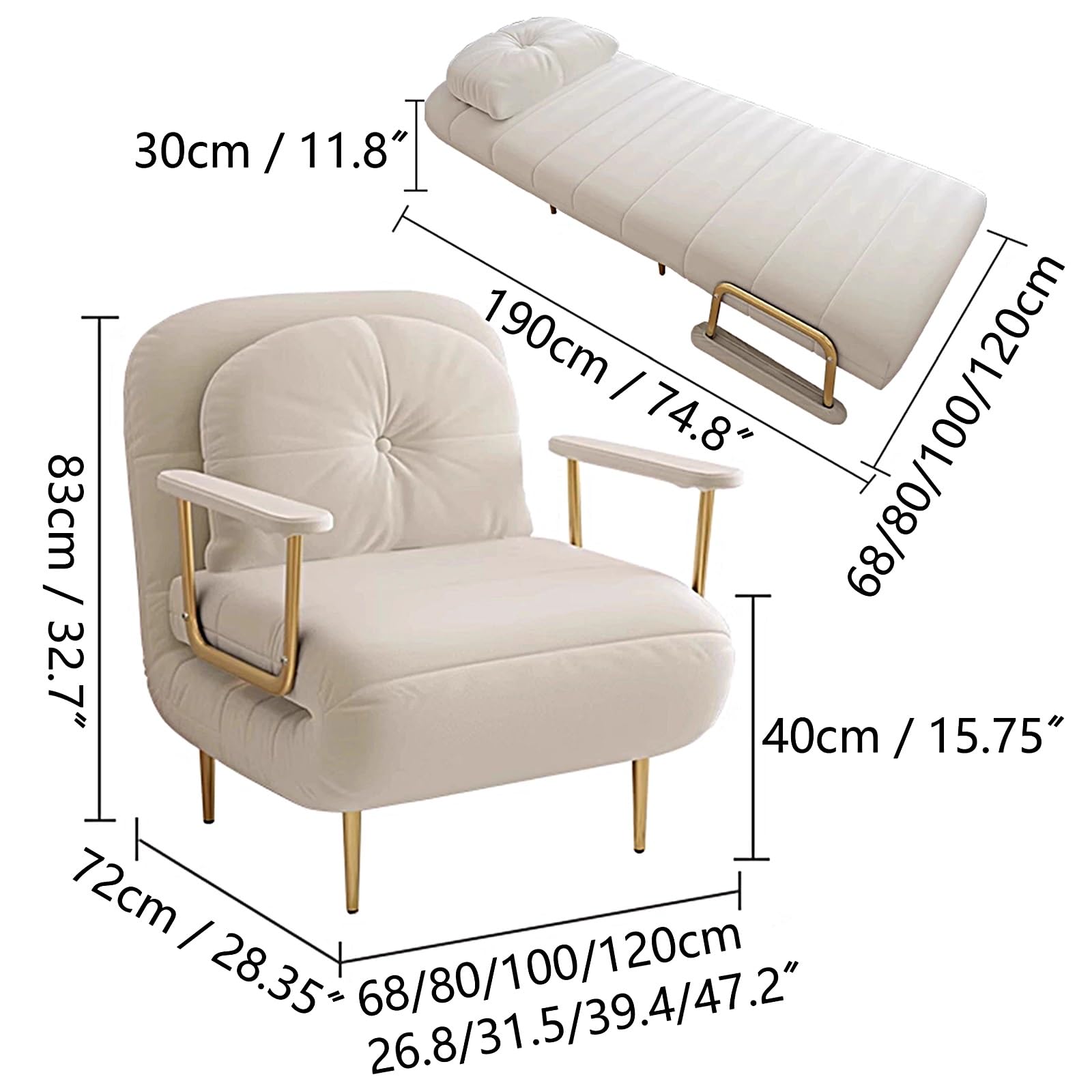 Pojedyncza sofa z materacem, regulowane oparcie w 6 pozycjach, fotel do salonu i sypialni, kolor khaki (190 x 68 x 30 cm)