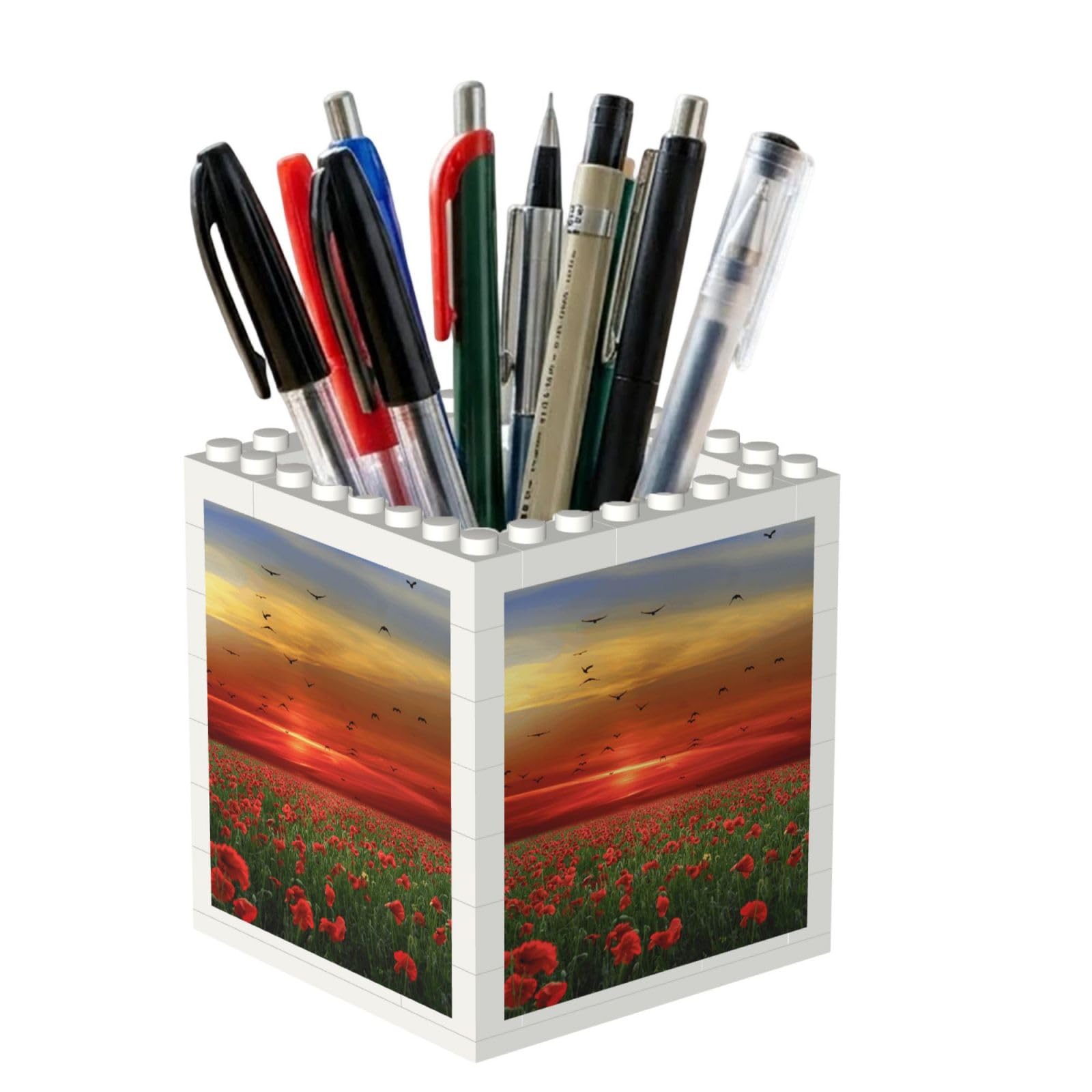 Poadnly Red Poppy Flower Field In Sunset Printed, Pen Pot Pencil Holder for Office Home School, Compact Desk Organiser for Office Stationery