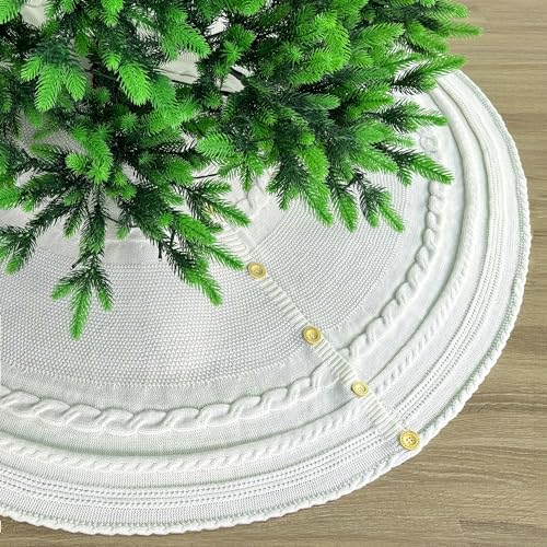 60-Inch Deluxe Cable Knit Christmas Tree Skirt with Oak Buttons, Cream White