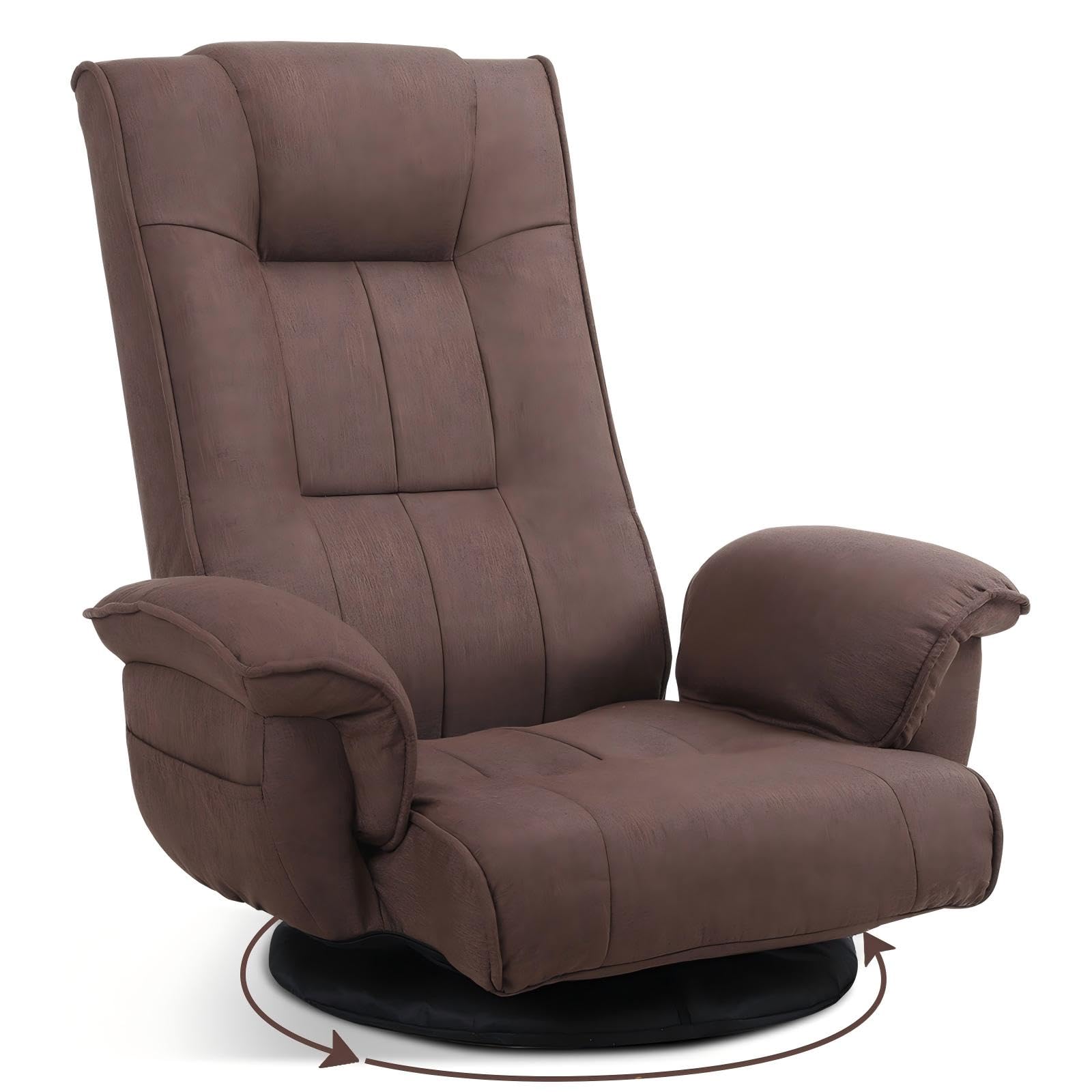 Ergonomic Swivel Floor Gaming Chair with Armrests &amp; Side Pockets, 6-Position Reclining Sofa Bed, Foldable Padded Lounger with Thick Cushion &amp; Lumbar Support for Esports, Reading, TV Watching, Brown