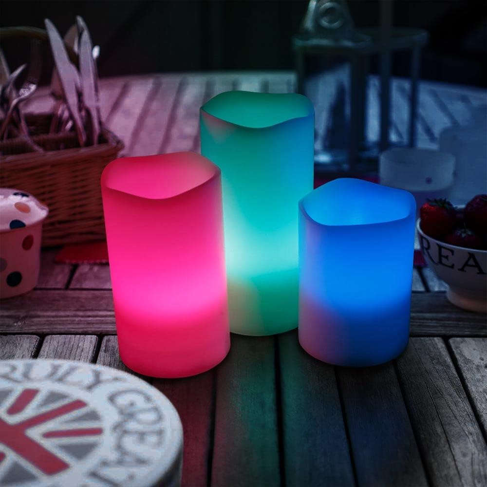 WYZworks Set of 3 LED Multi-Color Changing Real Wax Ivory Pillar Candles (4”, 5”, 6”) w/Remote Control, Realistic Flameless Flicker Mode, Battery Operated, Waterproof Accent Decor Home Lighting