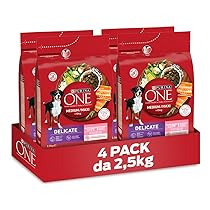 PURINA ONE Delicate Crocchette Cani Adulto Taglia Media e Maxi con Salmone, 4 Confezioni da 2,5 kg