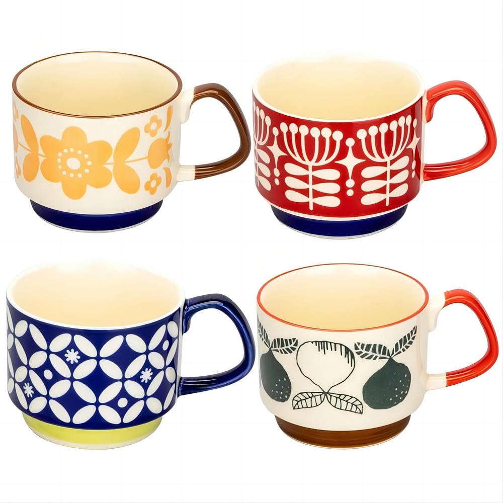 Zestaw 4 ceramicznych filiżanek do kawy, wiszące na uszach, podszkliwne, na śniadanie, mleko, płatki owsiane, japoński styl retro, możliwość układania w stosy