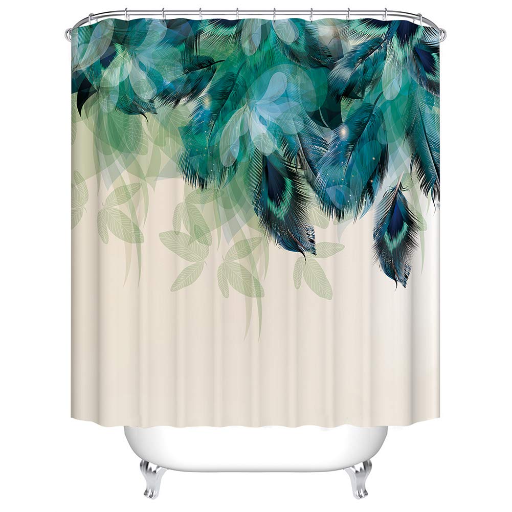 BOYOUTH Watercolor Peacock Feather Pattern Digital Print Shower Curtains for Bathroom Decor,Polyester Waterproof Fabric Bath Curtain with 12 Hooks,70x78 Inches,Multicolor