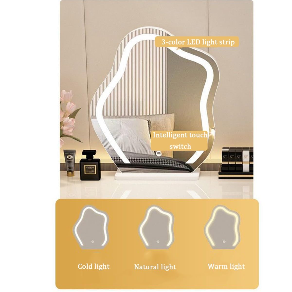 Coiffeuse avec Miroir et éclairage intégrés, Disponible en 3 Coloris. Élégante Table de Chevet avec tiroirs, Finition Blanche Moderne, 100 cm, idéale pour la Chambre.