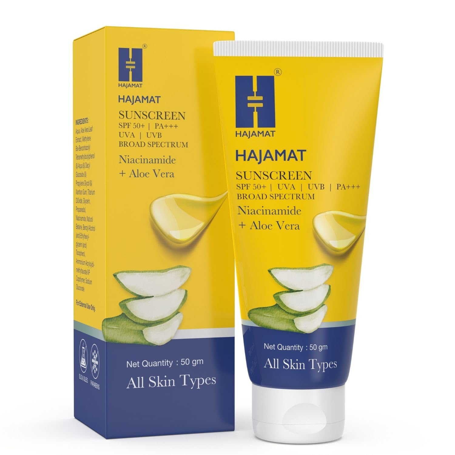 HAJAMATSunscreen SPF 50 PA+++ for face & body | Broad Spectrum - UVA, UVB & Blue Light Protection | Ultra Light, No White Cast, Water & Sweat Resistant | Women & Men | All Skin Types (50 gm)
