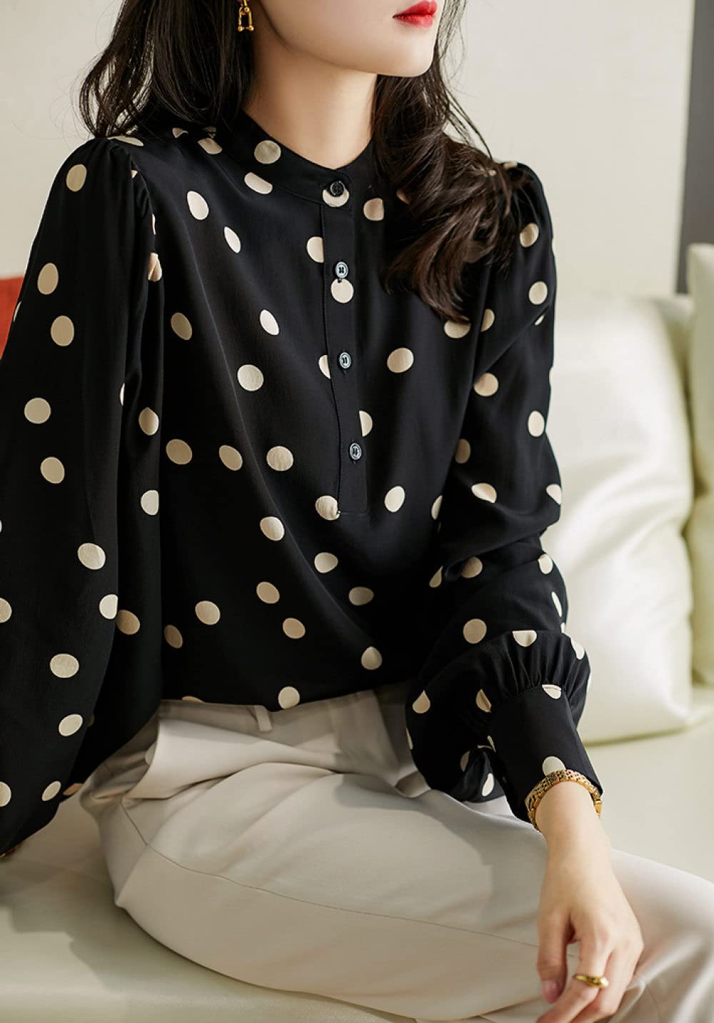 Camicie Da Donna,Camicetta Da Donna In Chiffon A Pois Neri Maniche Lunghe Arricciate Camicia Con Bottoni Stand-Up Colar Vintage Tunica Top Camicetta Comfort Camicie Da Ufficio Camicetta Da Lavoro Ca