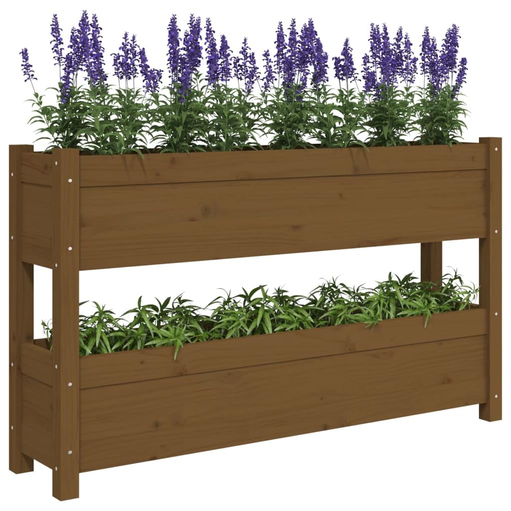 Jardinera de madera maciza de pino marrón ámbar 112 x 25 x 66 cm con 2 macetas, jardinera elevada para jardín, balcón o patio, estructura estable para plantas, flores, hierbas aromáticas,