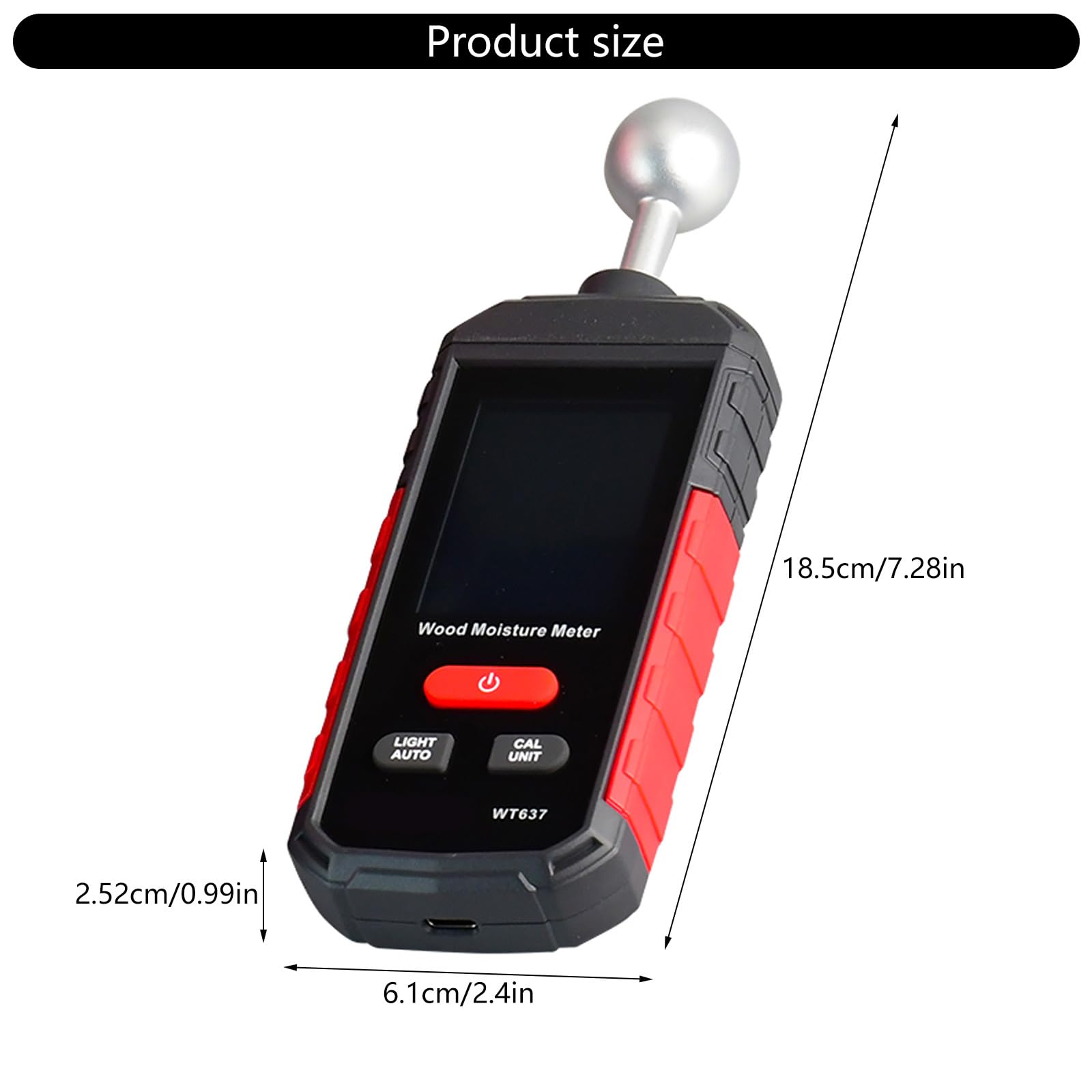Medidor de madera recargable con sonda de bolas, alarmas ajustables y pantalla de temperatura para materiales de construcción, probador de suelo de pared