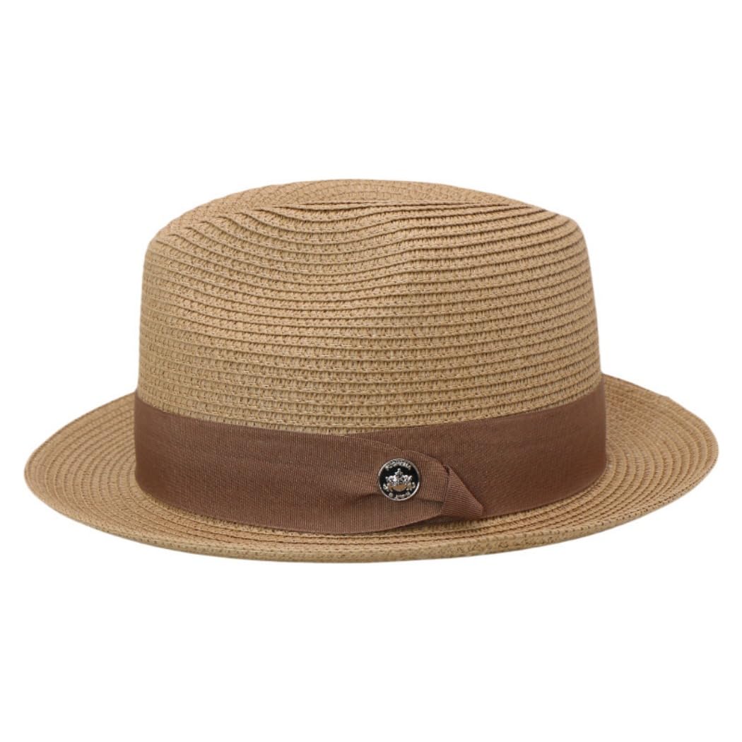 Klasyczna słomkowa czapka Fedora, brązowa opaska z ozdobnym guzikiem, khaki