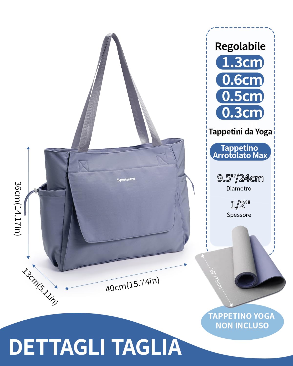 sportsnew Borsa Yoga con Tappetino Borsa Sportiva Unisex con Tasca Impermeabile Tote Grande con Zip Leggera e Capiente per Fitness e Palestra Fino a 10mm di Tappetino Yoga