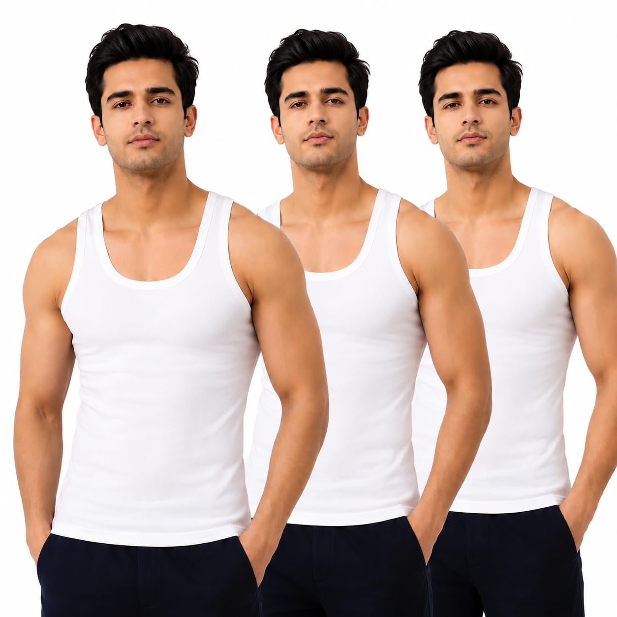 CLIX Supreme Men's 100% Pure Cotton Ribbed Vest | White Sleeveless Round Neck Banian | Breathable Sweat-Absorbing Innerwear | Regular Fit Pack of 3 (in, Alpha, Free Size, Regular, 90 CM, White)-picture-25