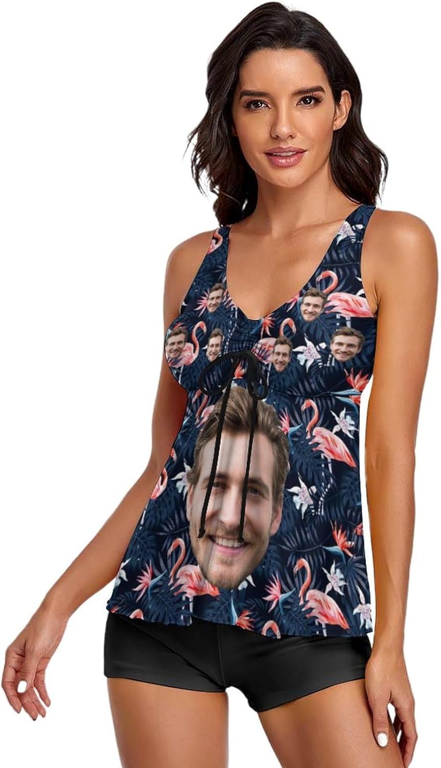 Custom Face on Tankini Swimsuits for Women American Flag Bathing Suits Swim Tank Top with Boy Shorts Swimwear(Plus Size)