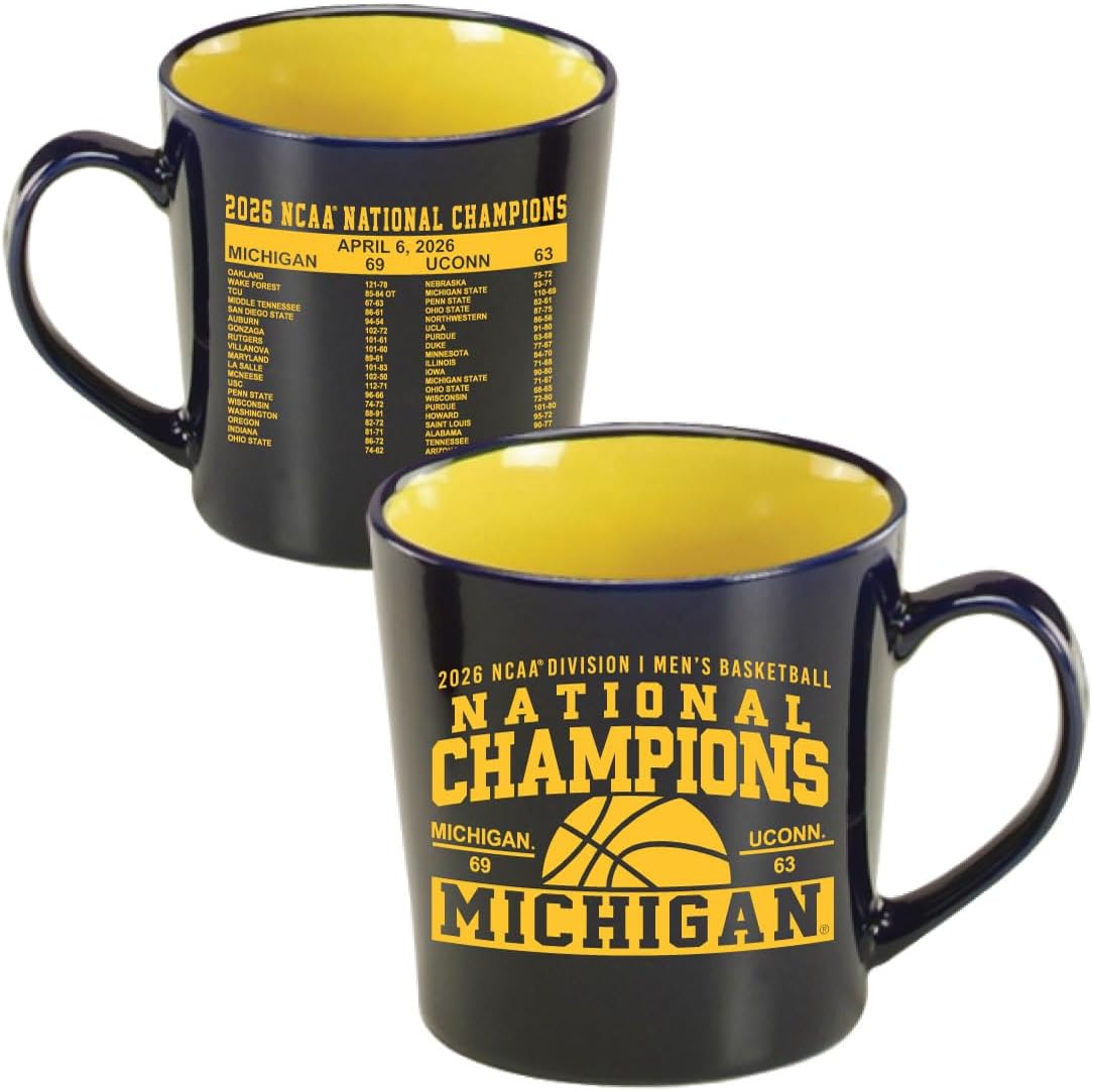 Michigan Wolverines 2026 NCAA Basketball National Champions Blue Ceramic Mug with Gold Interior Nicholas Style, Championship Front and Scoreboard Back Graphic, Officially Licensed, 21 oz