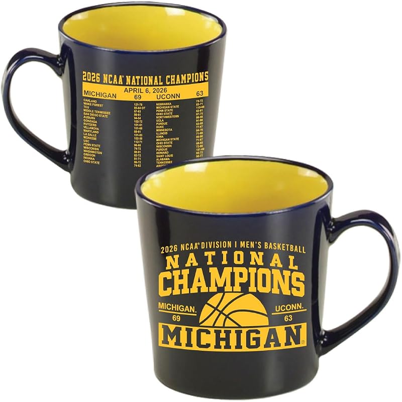 Michigan Wolverines 2026 NCAA Basketball National Champions Blue Ceramic Mug with Gold Interior Nicholas Style, Championship Front and Scoreboard Back Graphic, Officially Licensed, 21 oz