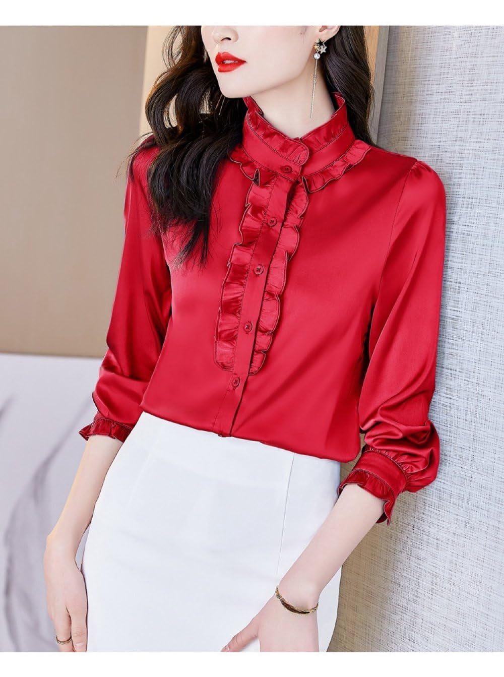 Chemises en Soie Satinée À Manches Longues pour Femmes,Veste Cardigan À Boutons À Volants Rouge,Chemisier,Haut Décontracté,Élégant,Chic,Hauts De Travail,Chemises Élégantes