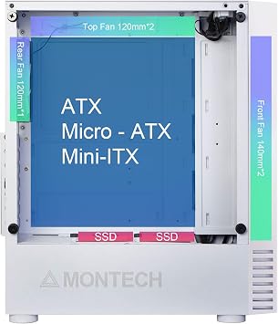Montech X2 PLUS Beyaz mATX/Yüksek Hava Akışı, Mesh Ön Panel, Tam Cam Yan Panel, Önceden Takılmış 2 x 140 mm, 1 x 120 mm ARGB Fanlar/Type C / USB3.0 /