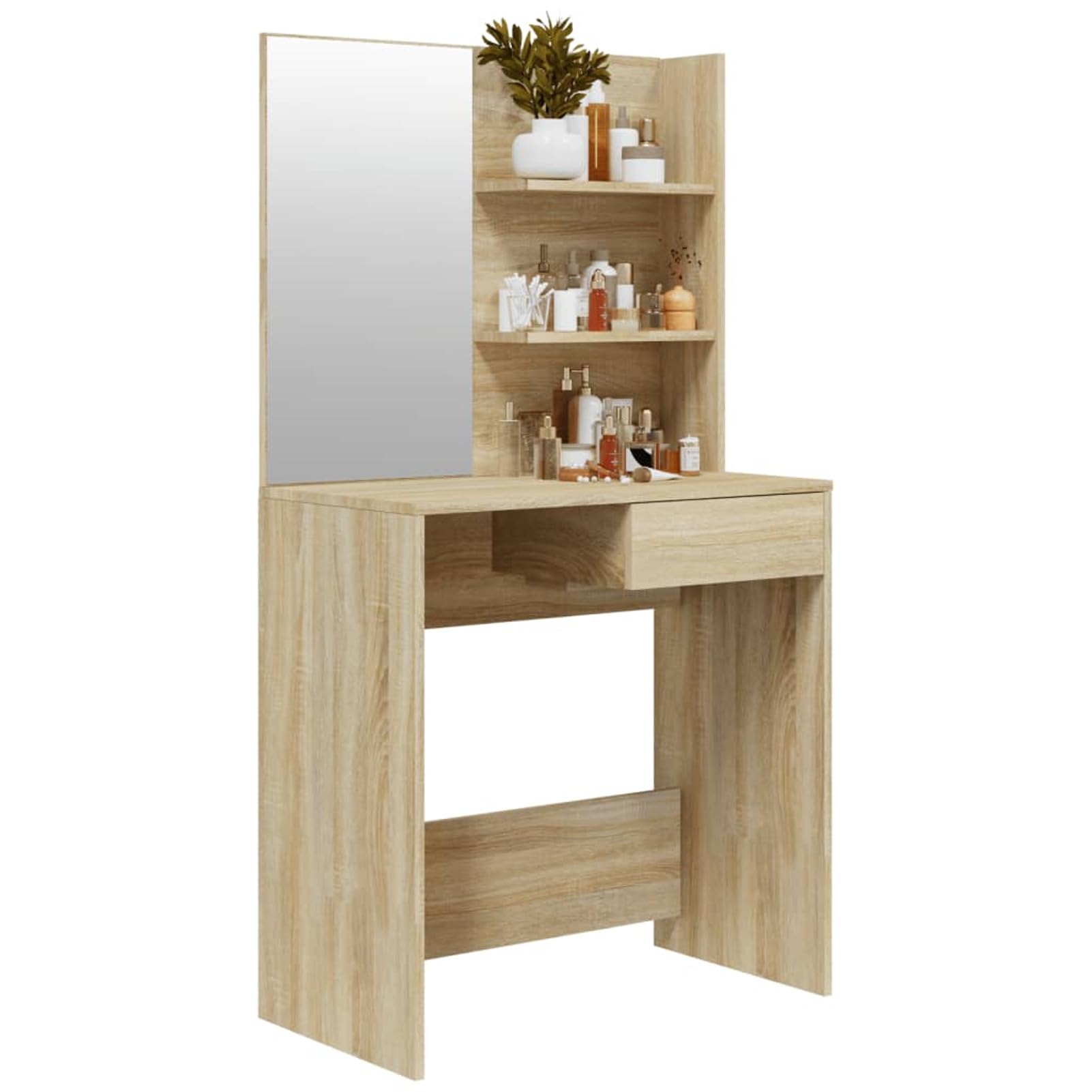 Mesa de tocador con espejo, Roble Sonoma, 74,5 x 40 x 141 cm, madera contrachapada, acrílico, diseño moderno, para el cuidado personal diario