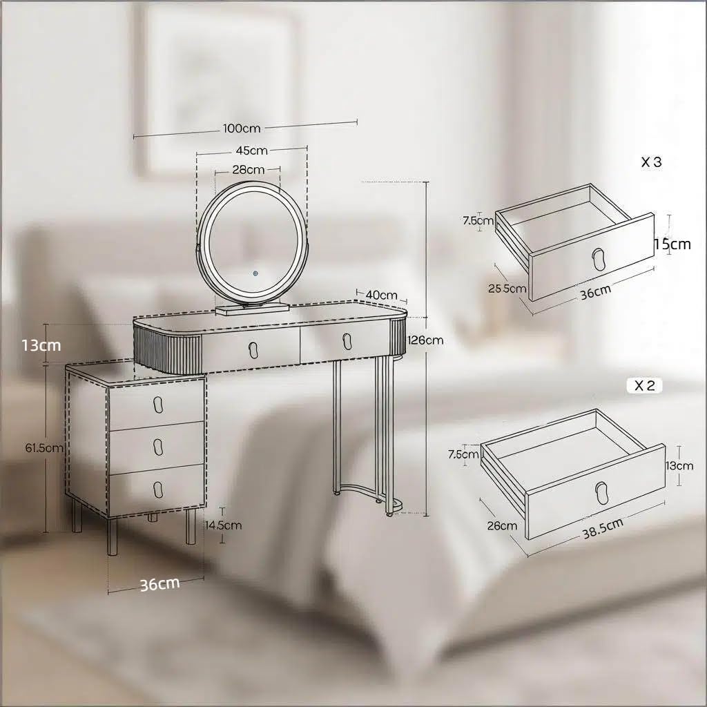 Tavolo da toeletta con specchio LED, 5 cassetti, sgabello