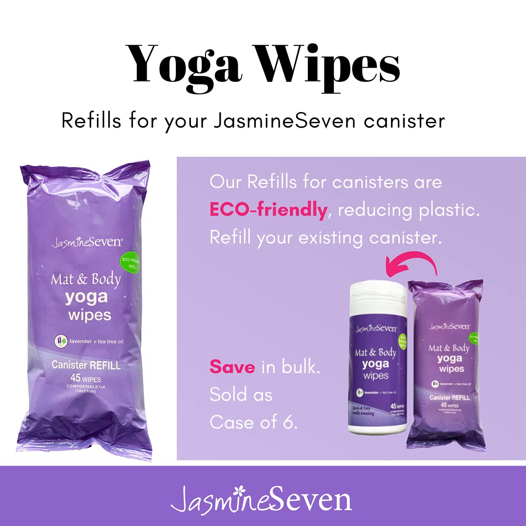 Yoga Mat Wipes for Mat and Body - REFILLs (ECO with less plastic)- CASE of 6 - Natural Lavender and Tea Tree - by Jasmine Seven