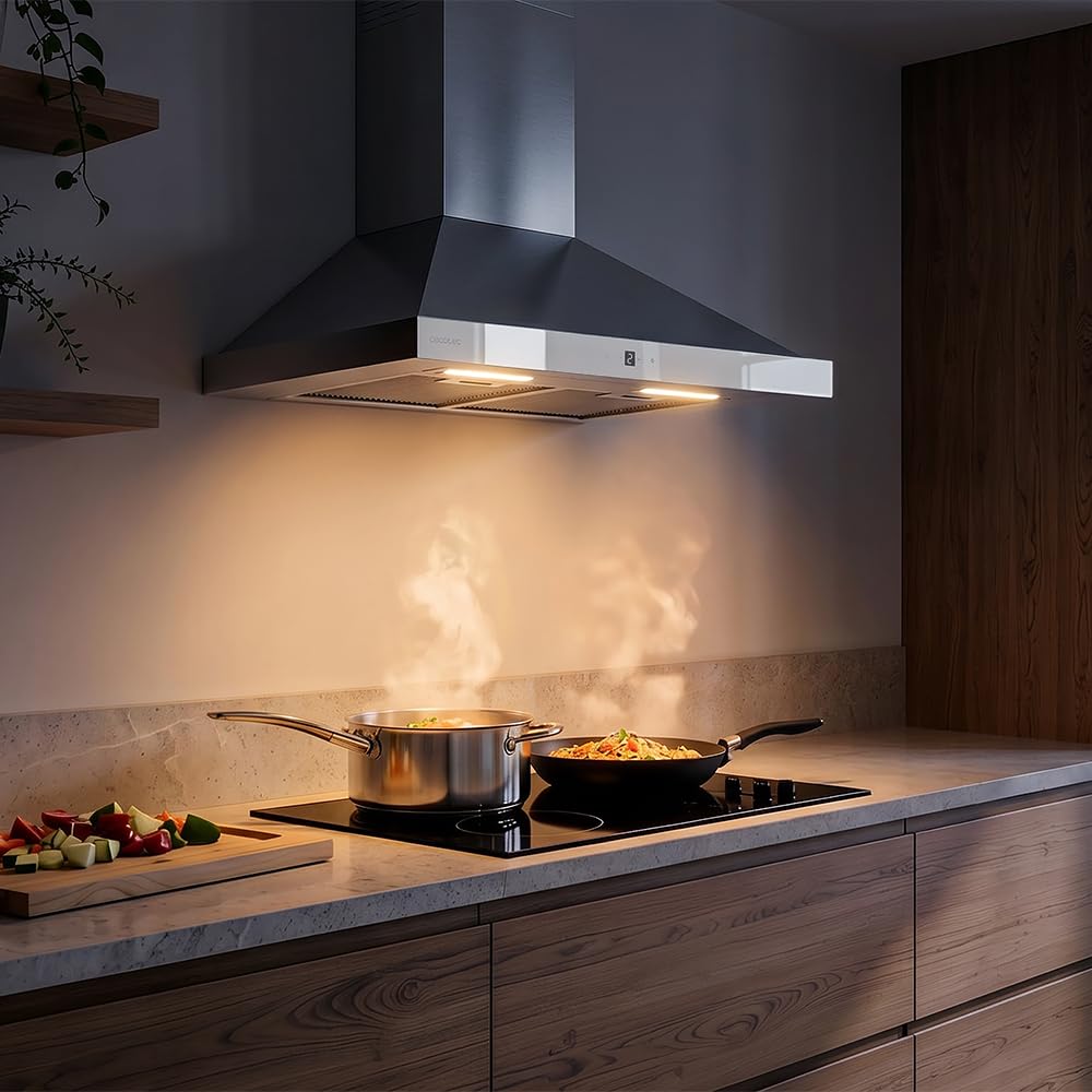 Cecotec Hotte Aspirante Pyramidale 60 cm Bolero Flux PT 604400 Inox A+++. Verre Frontal Blanc, Aspiration 449,5 m³/h, Commande Tactile Invisible, Fonction Booster, Filtres Lavables, Classe A+++