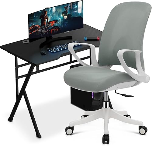 Magshion Juego de escritorio y silla, silla de oficina ergonómica de malla con soporte lumbar y brazos abatibles y escritorio de computadora, diseño