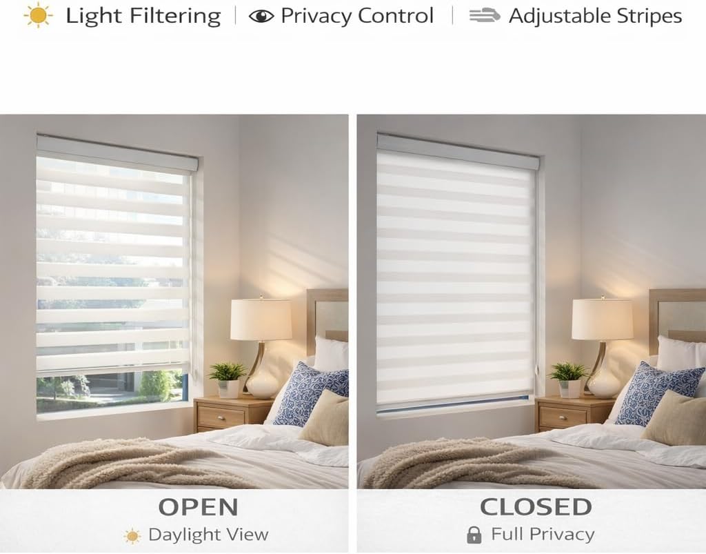 ShadesU Zebra Blinds for Indoor Window Roller, Zebra Shades for Windows Privacy Light Filtering Shades (Maxium Height 72inch) (White Color)(Width 34 inch)