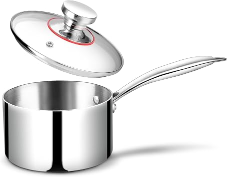 Joyfair 1 Litre Tri-Ply Stainless Steel Saucepan with Glass Lid, 14cm