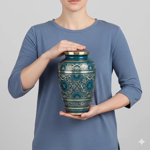 Azure Cremation Urn by Beautiful Life Urns - Exquisite Blue Funeral Urn with Stunning Gold Etched Design (Large, Adult)